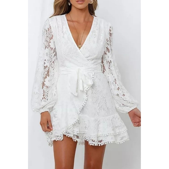 LAST ONE! Plus Size ALICIA Lace Wrap Mini Dress With Bubble Sleeves - Picture 7 of 7